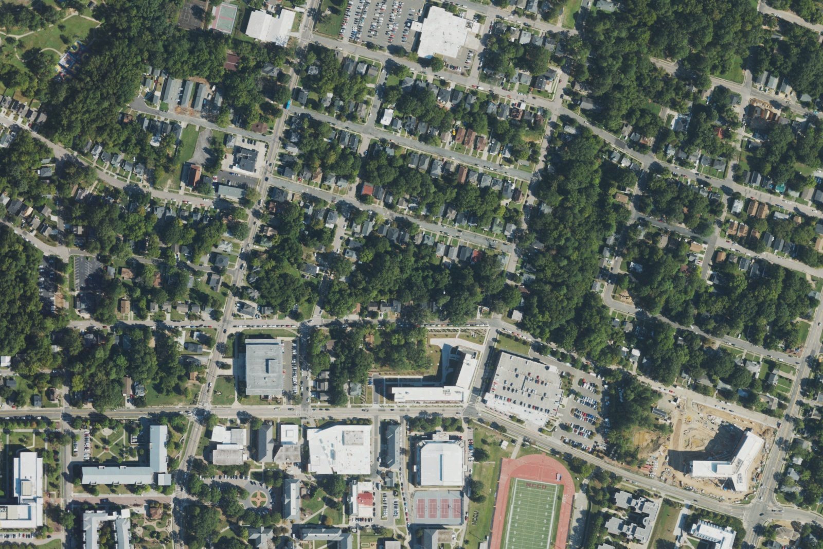 USDA aerial photograph of Durham, North Carolina, showing homes, streets and tree canopy in 2022
