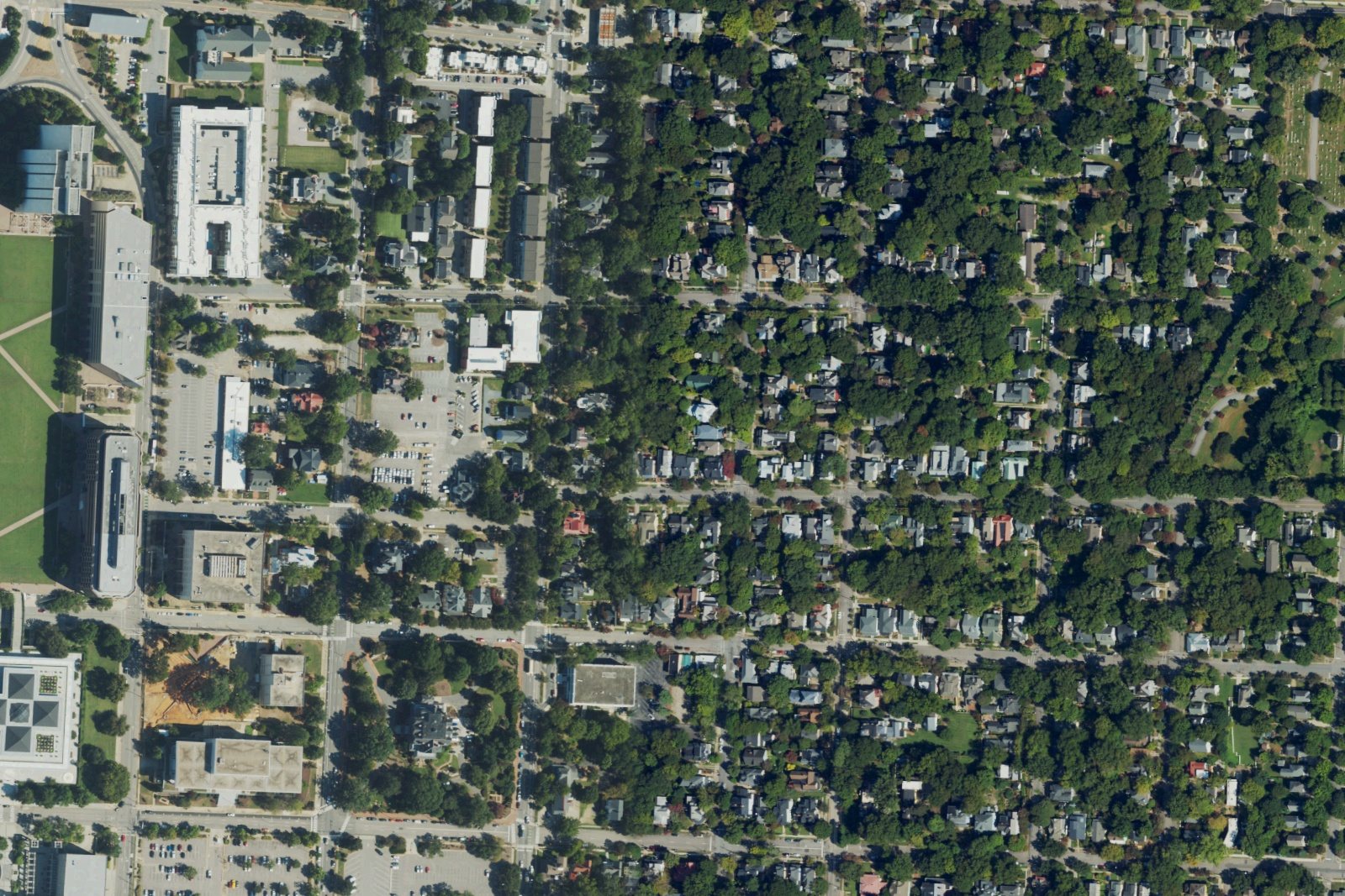 USDA aerial photograph of Raleigh, North Carolina, showing homes, streets and tree canopy in 2022